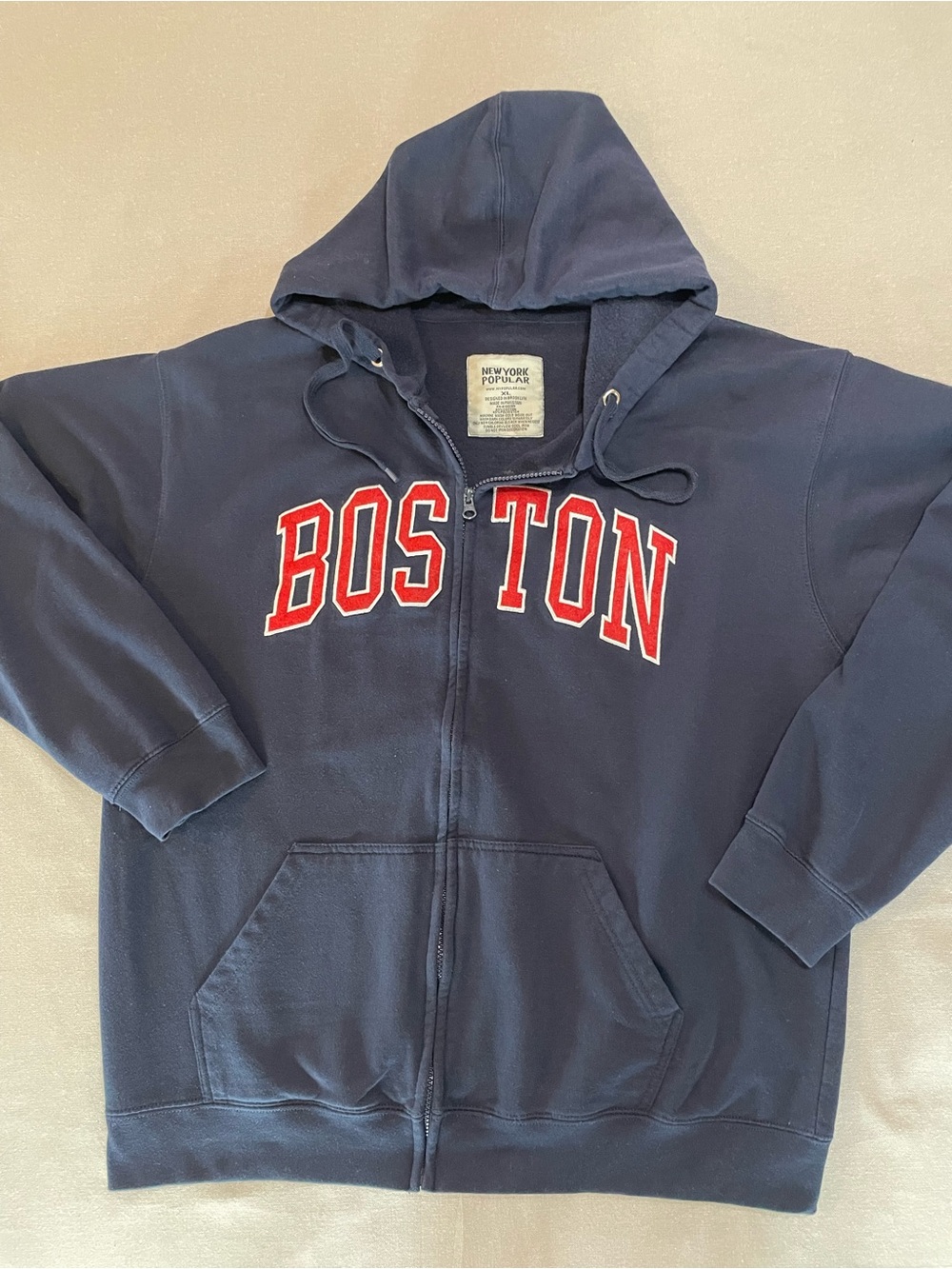 Vintage-Style Navy Blue Boston Zip-Up Hoodie - Size XL